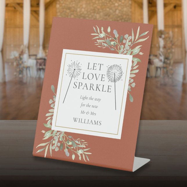 Expositor En L Deja que te guste la vegetación espumosa Terracott (Let Love Sparkle Greenery Terracotta Wedding Pedestal Sign)