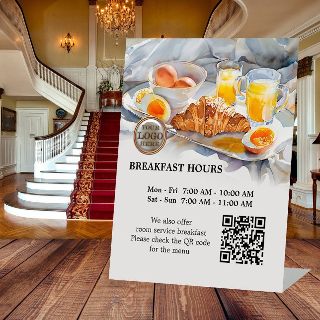 Expositor En L Desayuno Horas Hotel Guest House Logo QR Code (Watercolor breakfast business tabletop sign. With logo and QR code template - hotel - BNB - inn)