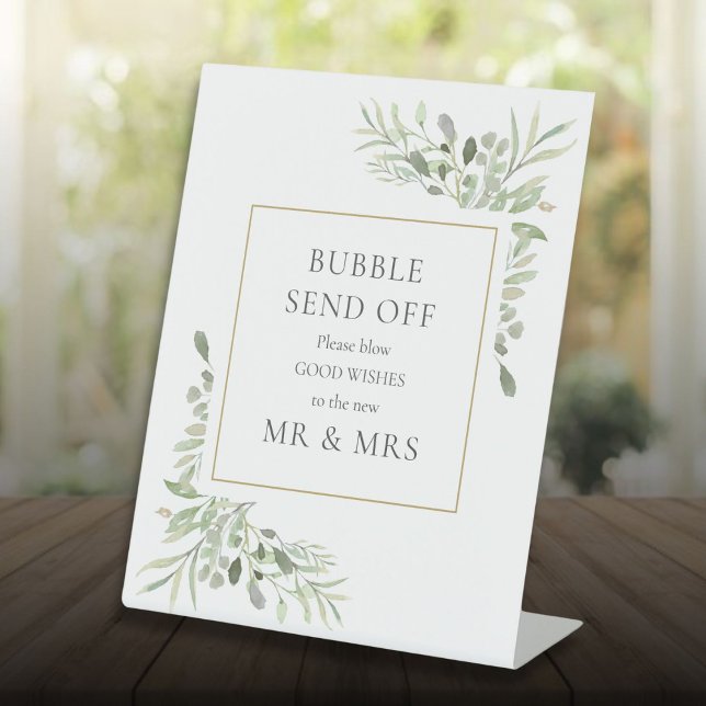 Expositor En L Despedida de Burbujas con Verdeacuarela (Watercolor Greenery Bubble Send Off Pedestal Sign)