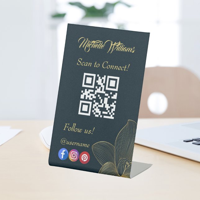 Expositor En L Detalles dorados Esteticismo Qr Código Medios soci (Esthetician Black White Gray Grey Qr Code Pedestal Sign)