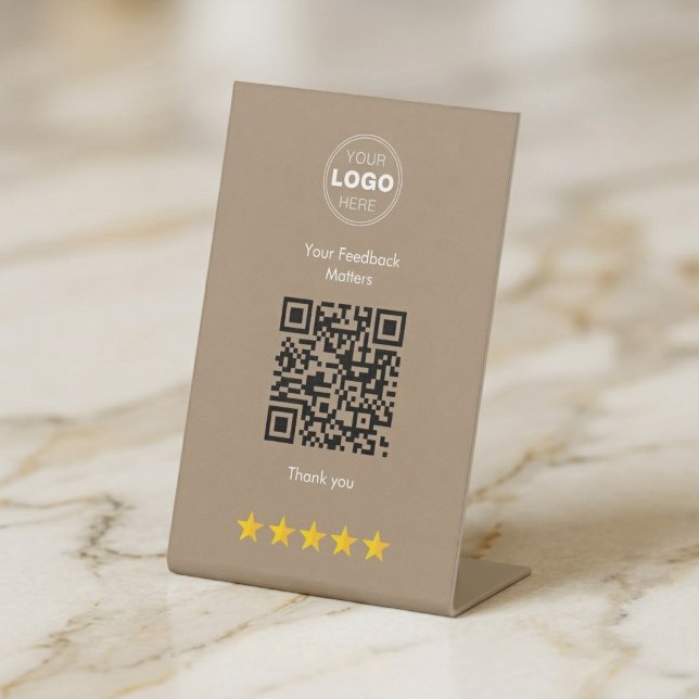 Expositor En L Diseño de retroalimentación QR moderno beige minim (Beige Minimalist QR Code Review Sign for Business | Modern Feedback Display)