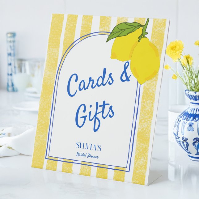Expositor En L Dolce vita franjas amarillas limón regalo italiano (Dolce vita yellow stripes lemons Italian bridal shower gifts table sign Amalfi party table signs)