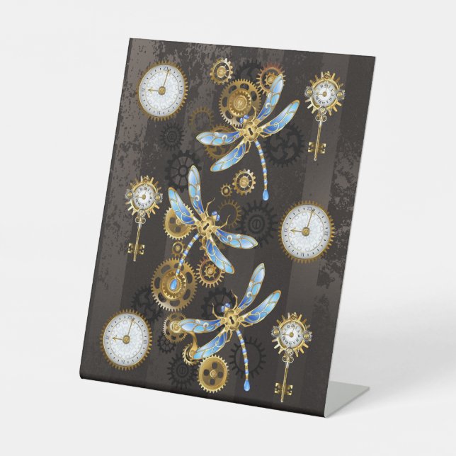 Expositor En L Dragoniscos de Steampunk sobre fondo rayado marrón (Anverso)