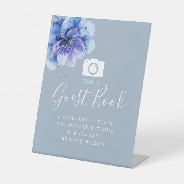 Expositor En L Dusty Blue Botanical Photo Guest Book Boda (Anverso)