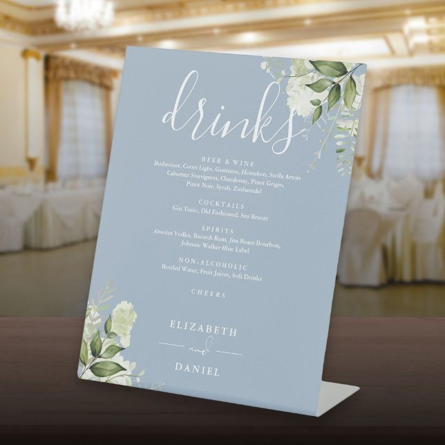 Expositor En L Dusty Blue Floral Greenery Boda Bebe Menú (Dusty Blue Floral Greenery Wedding Drinks Menu Pedestal Sign)