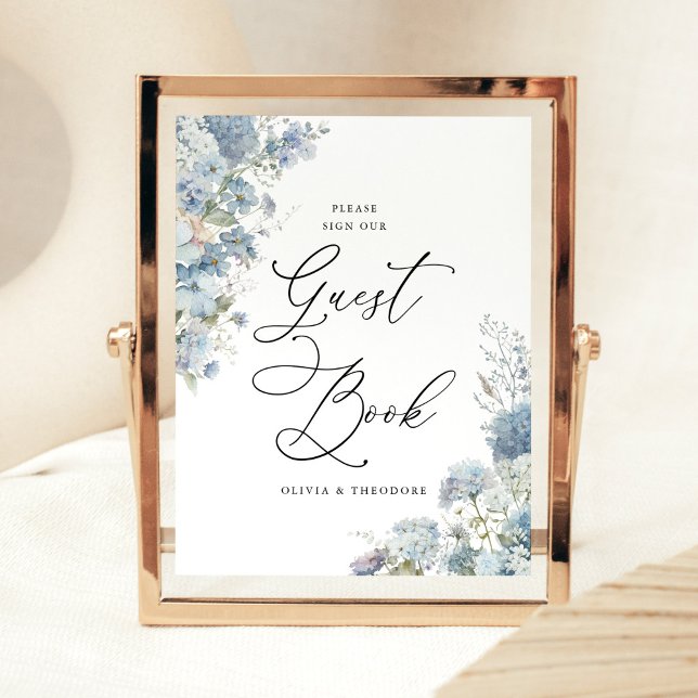 Expositor En L Dusty Blue Floral Guest Book Wedding Table (Dusty blue floral guest book wedding sign, blue hydrangea watercolor design, elegant reception table)
