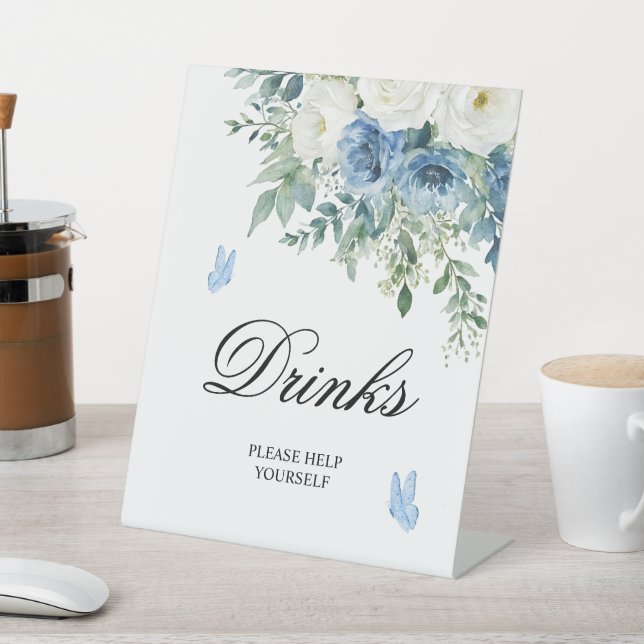 Expositor En L Dusty Blue Flowers Shower Drinks Sign (In Situ)