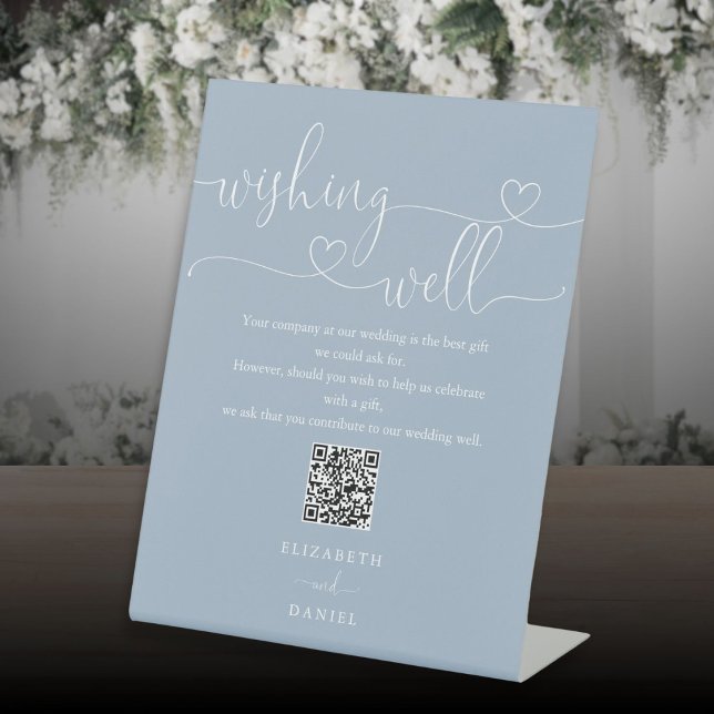 Expositor En L Dusty Blue Heart Script Deseando código QR (Dusty Blue Heart Script Wishing Well QR Code Pedestal Sign)