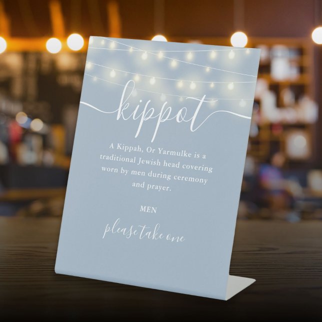 Expositor En L Dusty Blue Lights Boda judío Kippot Yarmulke (Dusty Blue Lights Jewish Wedding Kippot Yarmulke Pedestal Sign)