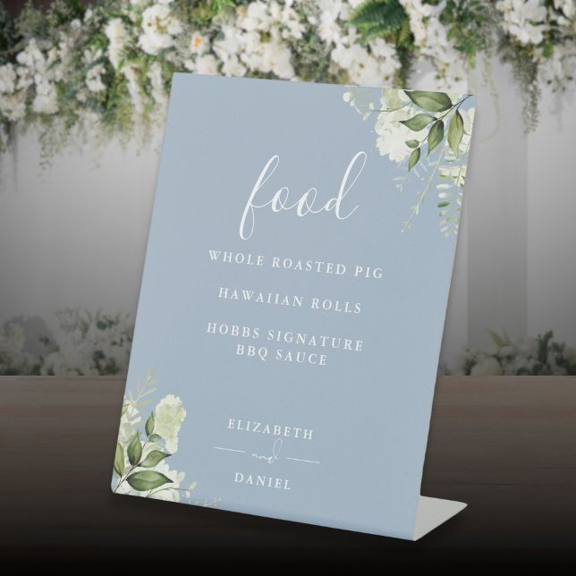 Expositor En L Dusty Blue Modern Floral Greeneration Menu (Dusty Blue Modern Floral Greenery Food Menu Pedestal Sign)