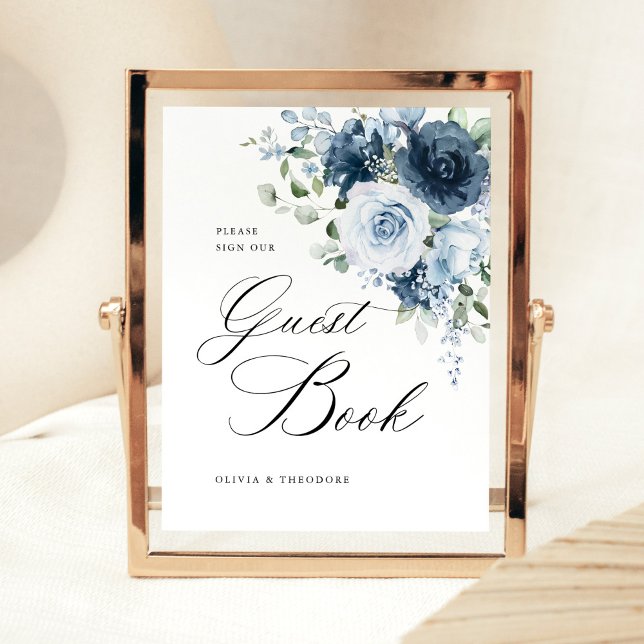 Expositor En L Dusty Blue Navy Floral Guest Book Wedding Table (Dusty blue navy floral guest book wedding table sign, elegant watercolor in gold pedestal frame)