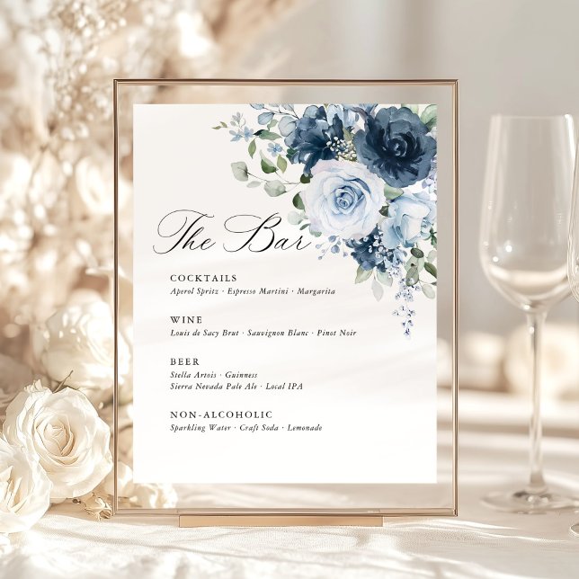 Expositor En L Dusty Blue Navy Floral Wedding Bar Menu Template (Dusty blue navy floral bar menu wedding sign template in gold frame for reception cocktail display.)
