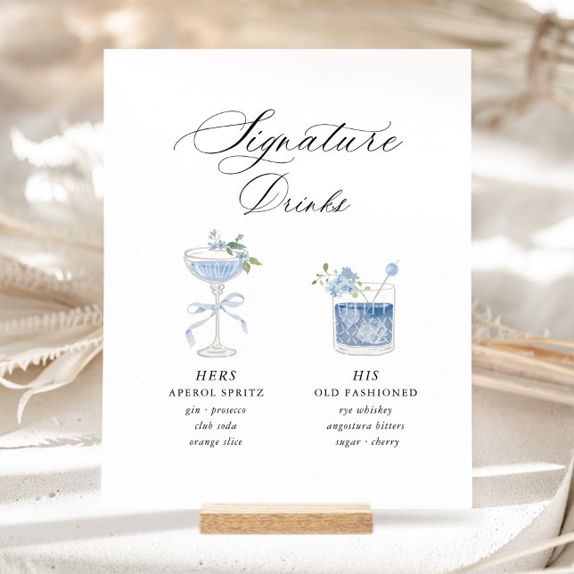 Expositor En L Dusty Blue Signature Drinks Wedding (Dusty blue navy watercolor signature drinks wedding sign on wood holder in soft boho outdoor light)