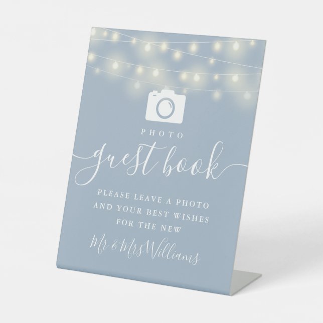 Expositor En L Dusty Blue String Lights Photo Guest Book (Anverso)