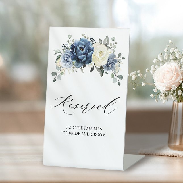 Expositor En L Dusty Marina Azul Champagne Boda Floral de marfil (Dusty Blue Navy Champagne Ivory Floral Wedding Pedestal Sign)
