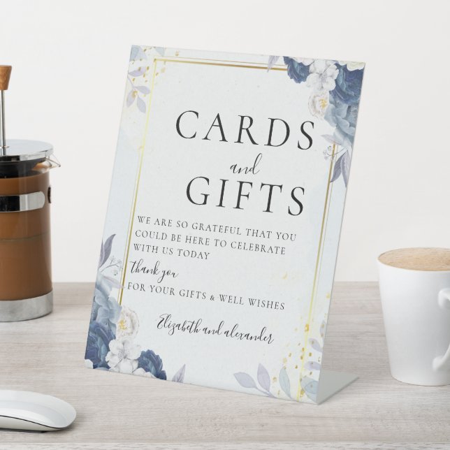 Expositor En L Dusty tarjetas de boda Floral Blue Gold (In Situ)