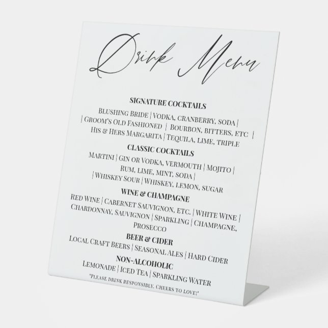 Expositor En L Editable Wedding Drinks Menu Tabletop Sign (Anverso)