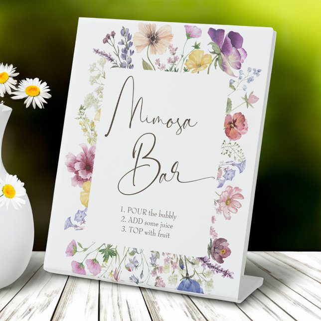 Expositor En L El amor florece boho wildflower mimosa bar (Love is blooming boho wildflower bridal shower  mimosa bar pedestal sign personalized table decor)