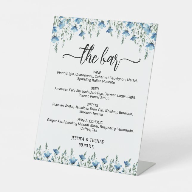 Expositor En L El menú de bebidas de boda Bar Blue Boho Wildflowe (Anverso)
