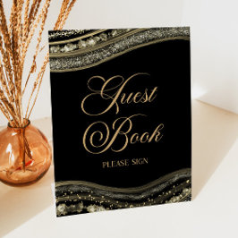 Expositor En L Elegant Black Gold Agate Guest Book Sign