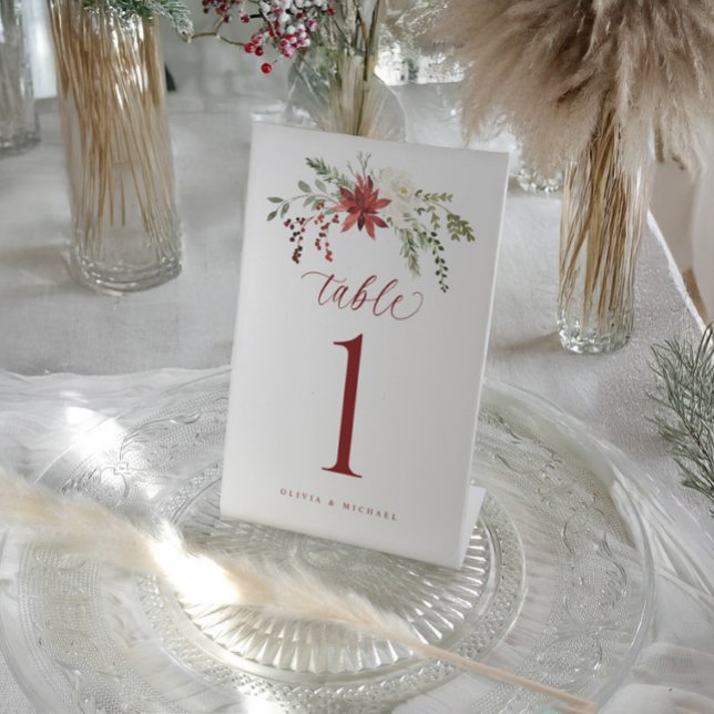 Expositor En L Elegant Botanical Winter Wedding Table Numbers (Elegant winter or December wedding table numbers with watercolor red and green berries design)