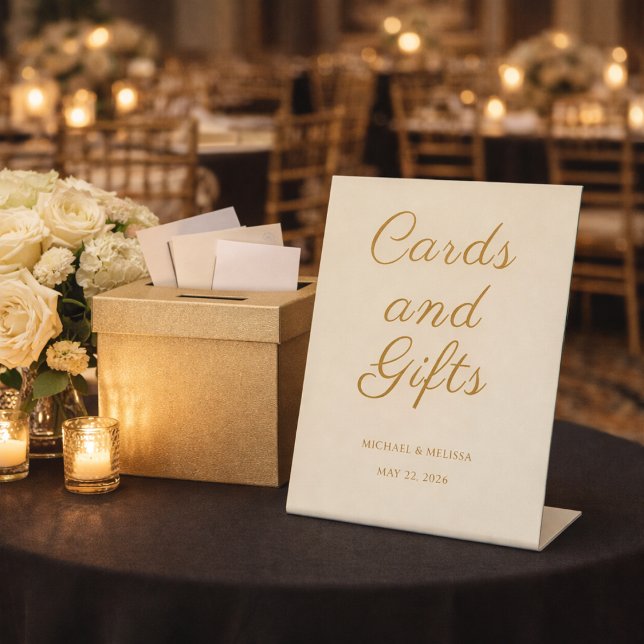 Expositor En L Elegant Champagne Gold Guest Book Reception Sign (Elegant champagne gold cards and gifts sign displayed on an anniversary gift table)