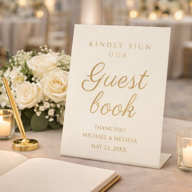Expositor En L Elegant Champagne Gold Wedding Guest Book (Romantic wedding guest book table with candles and ivory roses)