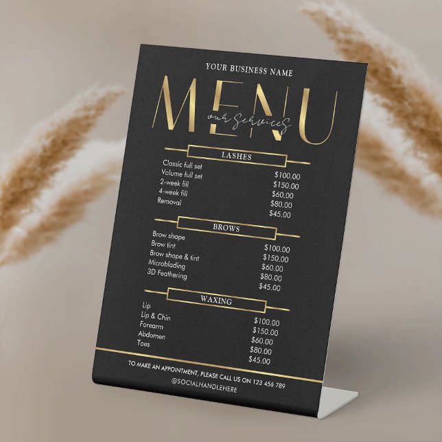 Expositor En L Elegant Glam Black & Gold Business Price List Menu (Black and gold effect business price list menu table top acrylic sign)