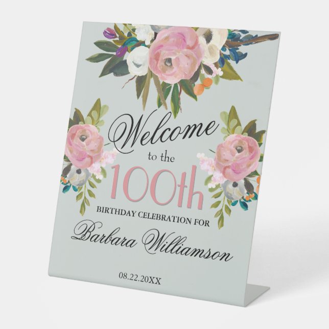 Expositor En L Elegant Handpainted Floral 100th Birthday Welcome (Anverso)