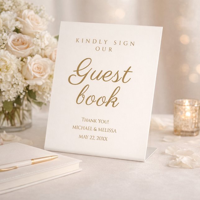 Expositor En L Elegant Ivory Gold Guest Book Message (Elegant ivory and gold guest book sign displayed on a styled reception table)