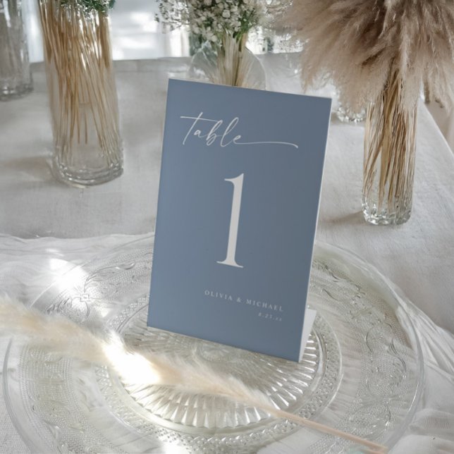 Expositor En L Elegant Modern Dusty Blue Wedding Table Numbers (Dusty blue wedding table number card with elegant handwritten script and minimalist design.)
