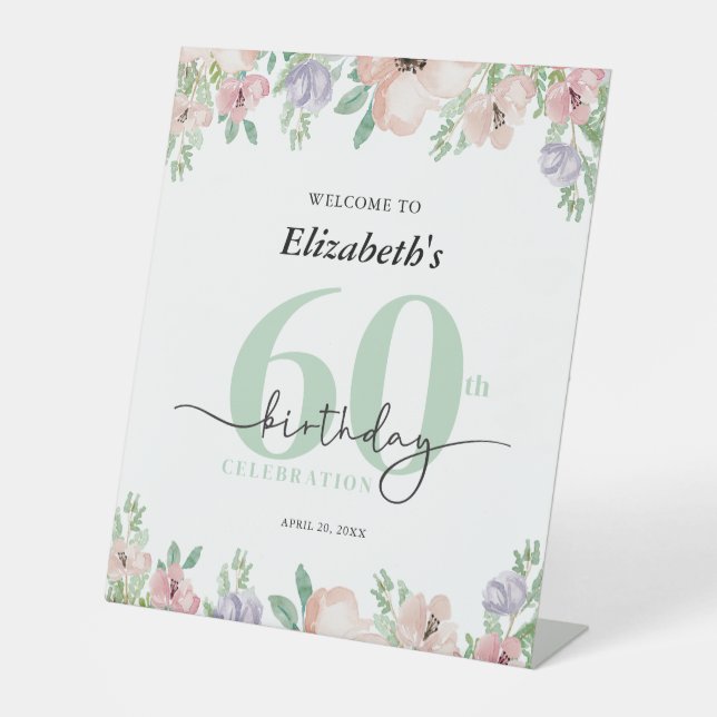 Expositor En L Elegant Pastel Floral 60th Birthday Party Welcome (Anverso)