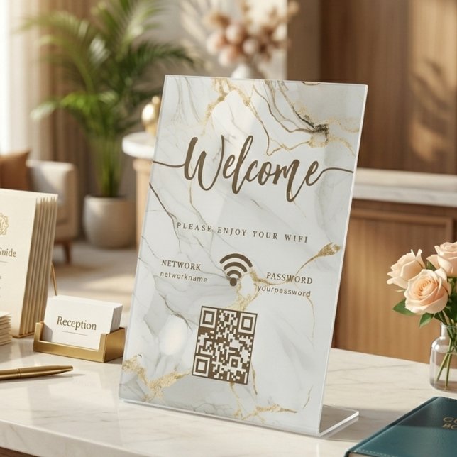 Expositor En L Elegant Welcome Script WIFI QR Code Agate Marble (Elegant Welcome Script WIFI QR Code Agate Marble Pedestal Sign )