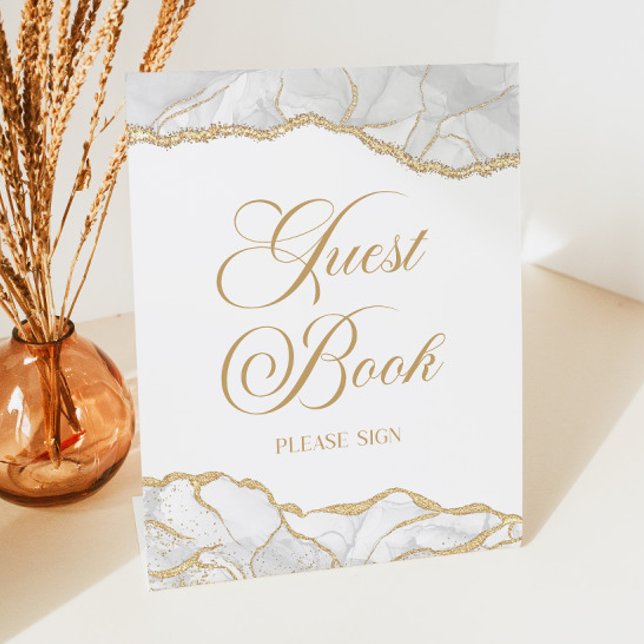 Expositor En L Elegant White Gold Agate Guest Book Sign (Subido por el creador)