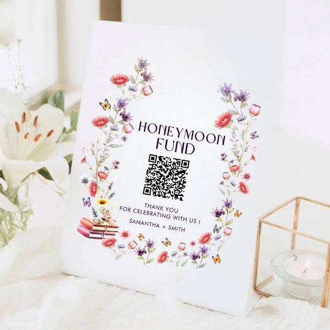 Expositor En L Elegant Wildflower Honeymoon Fund QR Code Wedding (Elegant wildflower honeymoon fund QR code sign with watercolor florals and modern charm.)