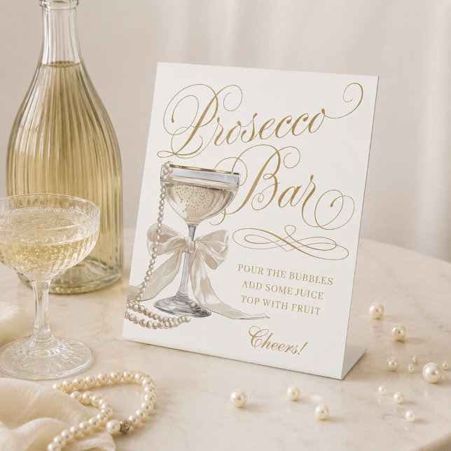 Expositor En L Elegante barra de perlas y Prosecco de oro blanco (Elegant White Gold Pearls and Prosecco Bar Pedestal Sign)