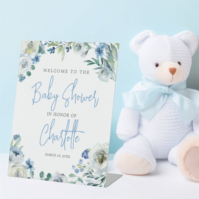 Expositor En L Elegante bienvenida Baby Shower Blue Floral Spring (Subido por el creador)