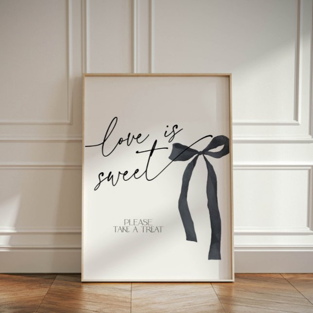 Expositor En L Elegante Black Bow Love es Sweet Dessert Retas (Love is Sweet, please take a treat sign with elegant black bow for a wedding dessert table)