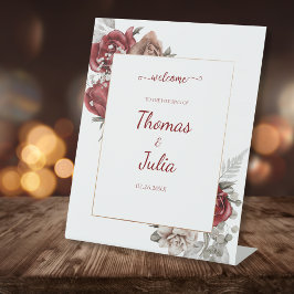 Expositor En L Elegante Boda con Borgoña Floral Bienvenida