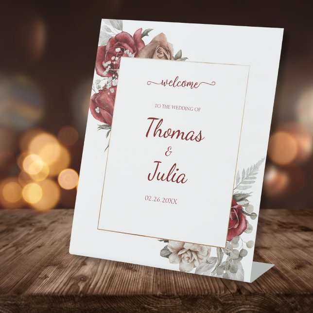 Expositor En L Elegante Boda con Borgoña Floral Bienvenida (Elegant Wedding with Burgundy Florals Welcome Pedestal Sign)