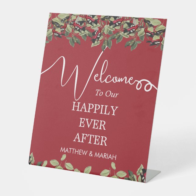 Expositor En L Elegante Boda de caligrafía floral roja (Anverso)