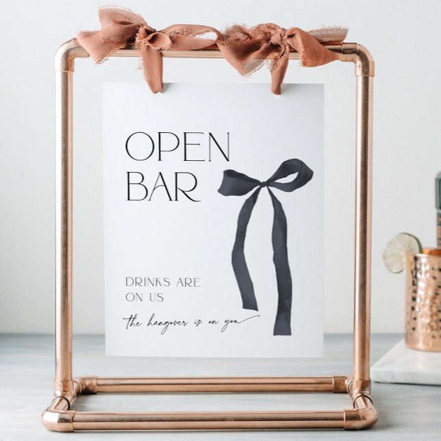Expositor En L Elegante cócteles en el bar Gótico Black Bow Open (Elegant Open Bar sign with coquette black bow for a shes tying the knot themed bridal shower)