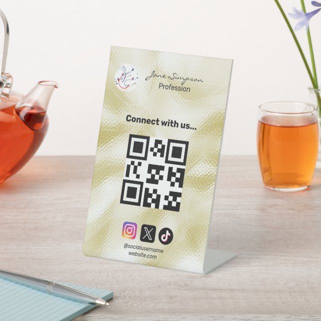 Expositor En L Elegante código Qr Logo Textura Dorada (In Situ)