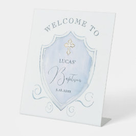 Expositor En L Elegante color de agua azul Escudo Baptismo Bienve
