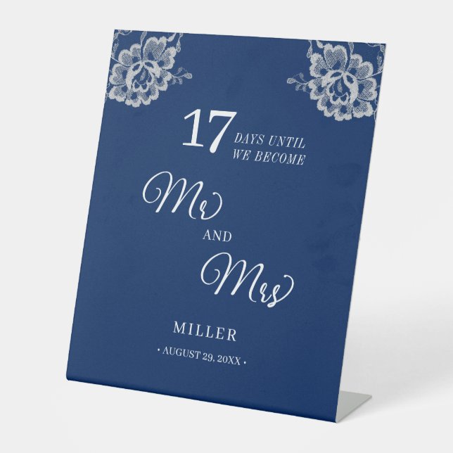 Expositor En L Elegante encaje floral sobre Boda azul de la marin (Anverso)