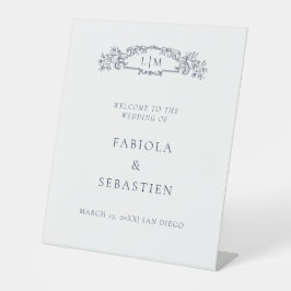 Expositor En L Elegante escudo botánico azul signo de bienvenida