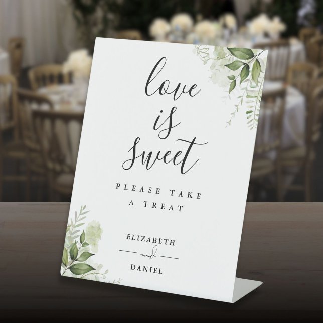 Expositor En L Elegante flora verde amor es dulce favor (Elegant Floral Greenery Love Is Sweet Favor Pedestal Sign)