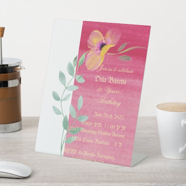Expositor En L Elegante floral rosa 50.ª invitación por cumpleaño (In Situ)