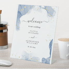Expositor En L Elegante Invitación de Boda Azul y Oro Mínimo