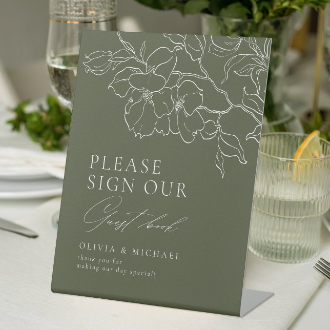 Expositor En L Elegante libro de Bodas Sage Green con flores (Elegant floral Sage Green Wedding Guest Book Pedestal Sign)